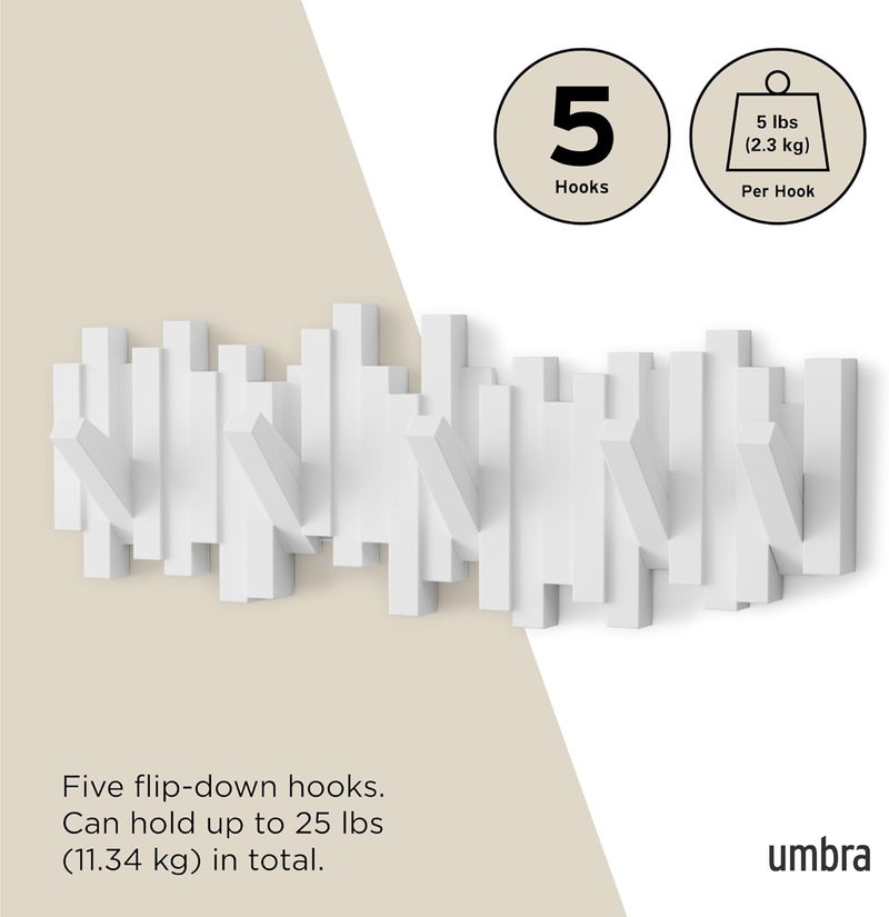 UMBRA Sticks Wall-Mounted Coat Rack Rail Hook with 5 Retractable Pegs – Modern, Space-Saving Storage Organizer, White - Image 5
