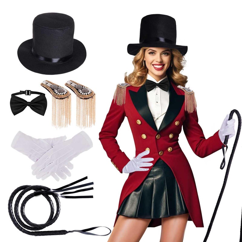 mifengda 7Pcs Circus Ringmaster Costume Women Men Halloween Circus Costume Accessories Adult Ringmaster Costume for Halloween Party Cosplay Black, White - Image 1