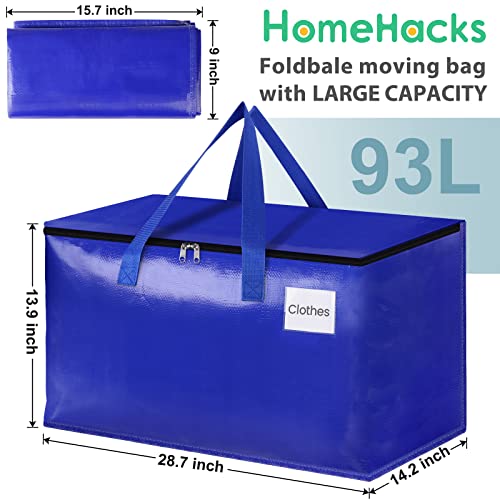 HomeHacks Moving Bags Heavy Duty with Strong Zippers and Handles Collapsible Moving Supplies, Storage Totes for Packing & Moving Storing 93L,6-Pack, Blue - Image 2