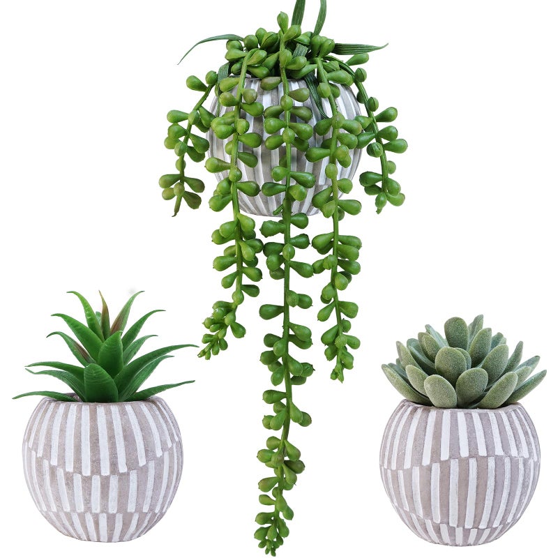 Winlyn Winlyn 3 Pack Artificial Succulent Plants in Gray Geometric Concrete Pots Fake Aloe Echeveria String of Pearls Succulents Mini Faux Potted Plant for Desk Table Shelf Home Office Bathroom Decor  - Image 1