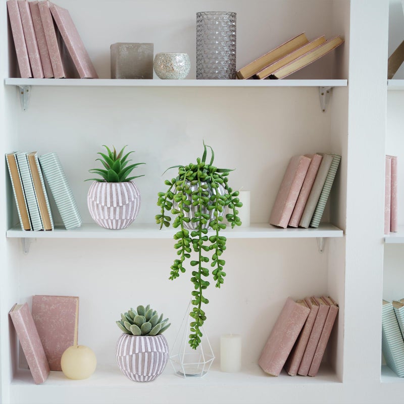 Winlyn Winlyn 3 Pack Artificial Succulent Plants in Gray Geometric Concrete Pots Fake Aloe Echeveria String of Pearls Succulents Mini Faux Potted Plant for Desk Table Shelf Home Office Bathroom Decor  - Image 4
