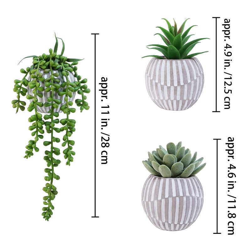 Winlyn Winlyn 3 Pack Artificial Succulent Plants in Gray Geometric Concrete Pots Fake Aloe Echeveria String of Pearls Succulents Mini Faux Potted Plant for Desk Table Shelf Home Office Bathroom Decor  - Image 2