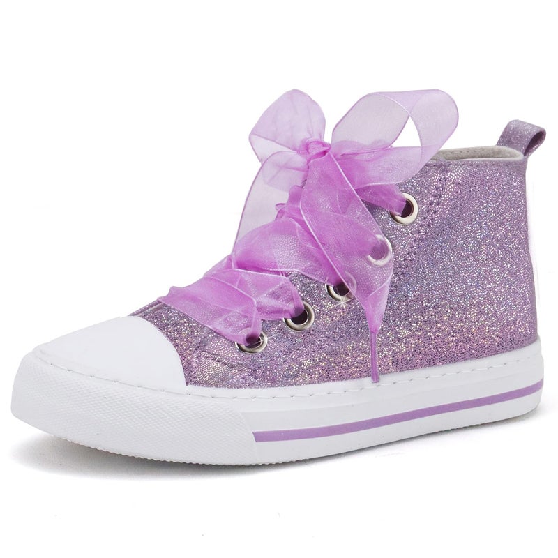 Toandon Little Girls Kids Sneakers Glitter Canvas Walking Shoes Sparkly High Top Child Lace Up Ribbon Lightweight flexiable Breathable School Party Non Slip Purple Size 3 - Image 1