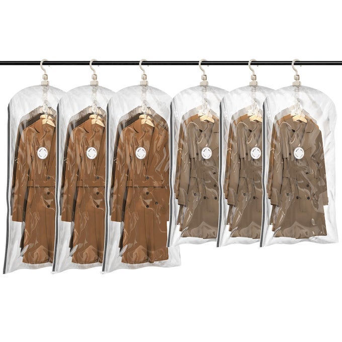 HANGING VACUUM STORAGE BAGS SPACE SAVER BAGS VACUUM SEALER BAGS FOR CLOTHING SUITS AND JACKETS CLOSET ORGANIZERS AND STORAGE 3 LONG 3 SHORT CLEAR