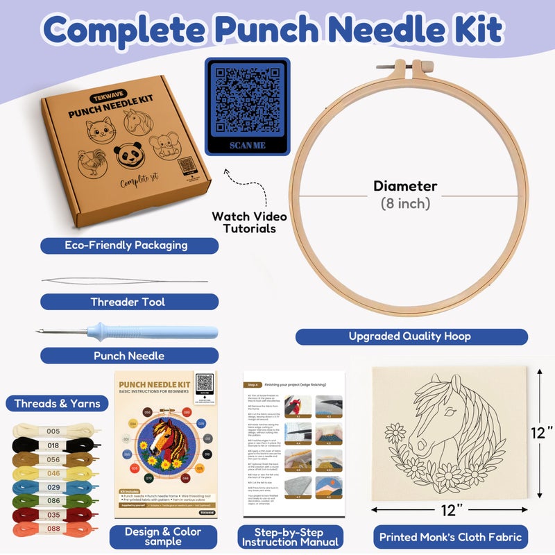 TEKWAVE Punch Needle Kit Adults Beginner Horse with Sunflowers, Step-by-Step Video Pre-Printed Pattern and Written Instructions, DIY Embroidery Set with Yarn, Fabric, Hoop for Home Decor Craft Kit - Image 2