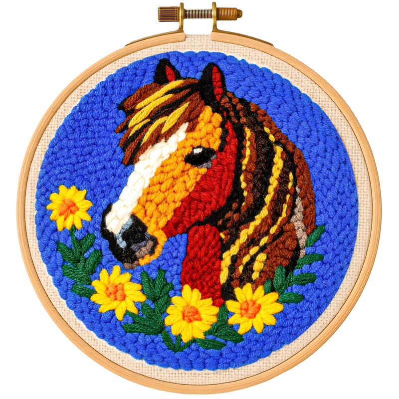 TEKWAVE Punch Needle Kit Adults Beginner Horse with Sunflowers, Step-by-Step Video Pre-Printed Pattern and Written Instructions, DIY Embroidery Set with Yarn, Fabric, Hoop for Home Decor Craft Kit - Image 1