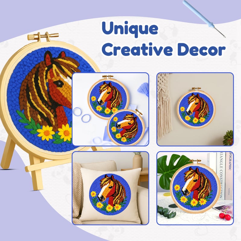 TEKWAVE Punch Needle Kit Adults Beginner Horse with Sunflowers, Step-by-Step Video Pre-Printed Pattern and Written Instructions, DIY Embroidery Set with Yarn, Fabric, Hoop for Home Decor Craft Kit - Image 5