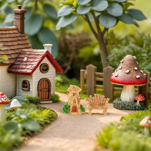 XFSAFDM 6 Pieces Miniature Decorative Items, Mushroom Stump House Sign Set, Resin Miniature Furniture for Home Living Room, Small Decorative Items for Shelves - Image 5