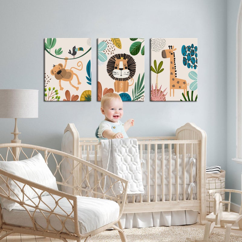 AKWISH Safari Jungle Nursery Wall Decor Set of 3 - Framed Animal Canvas Wall Art for Baby Room, Toddler Boy or Girl Bedroom, Cute Safari Themed Baby Nursery Decor 12x16in - Image 5
