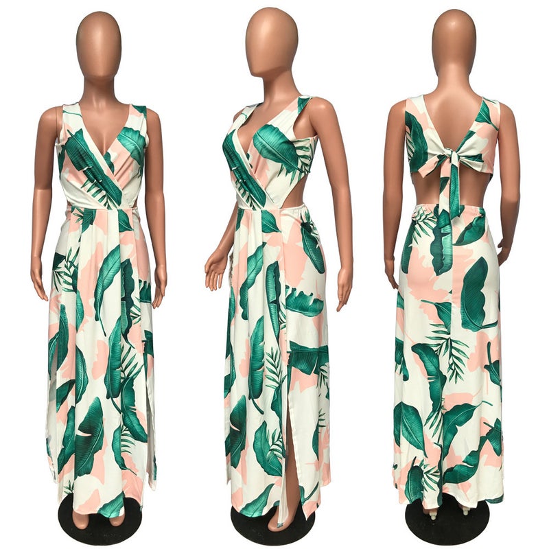 2018 Summer New For Foreign Trade Explosive Leaf Print Split Long Skirt Dress Navyblue L - Image 5