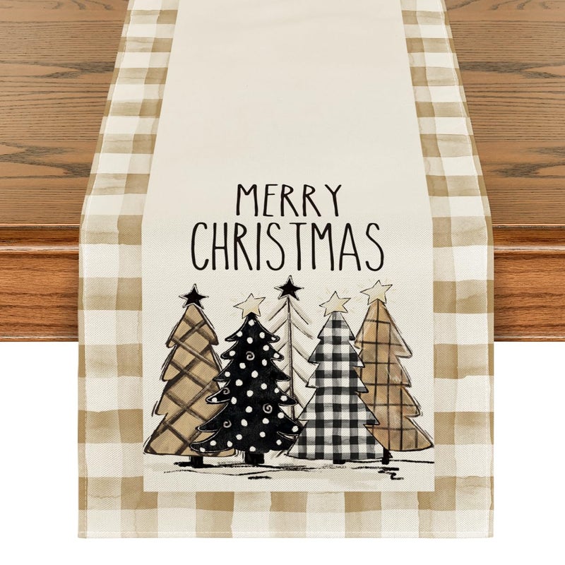 Artoid Mode Artoid Mode Watercolor Brown Buffalo Plaid Christmas Trees Merry Xmas Table Runner Seasonal Winter Holiday Kitchen Dining Table Decoration for Home Party Decor 13 x 72 Inch