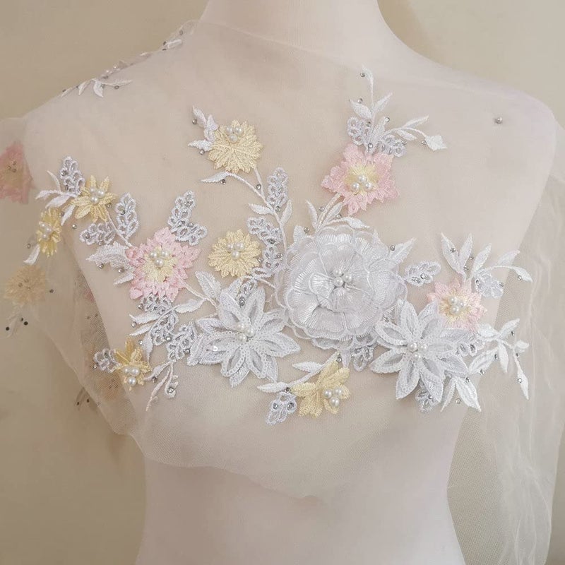 1 Pairs ThreeDimensional Flower Embroidery Lace Applique Sequins hot Drill Nail Beads HandMade DIY Applique Garment Decorative lace Accessories WhitePink