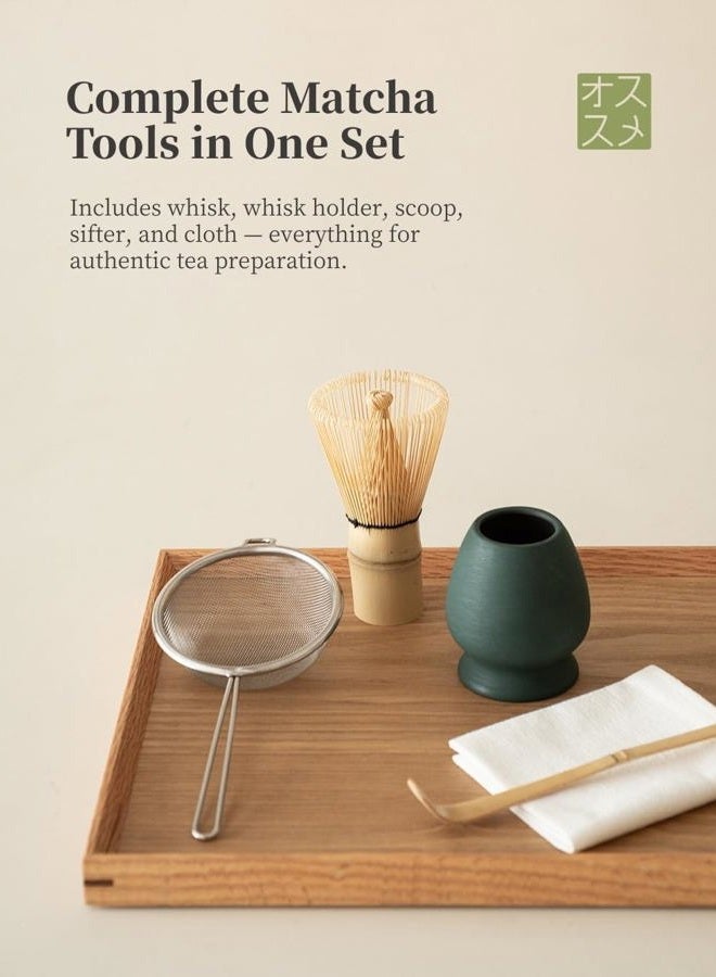 WUSEI 6-pcs Japanese Matcha Whisk Set, Handmade Ceramic Matcha Set with Bowl(Chawan),Bamboo Whisk(Chasen) and Holder, Scoop, Sifter & Tea Towel,Matcha Kit for Ceremony (Stone Vein) (Turquoise Green) - Image 5