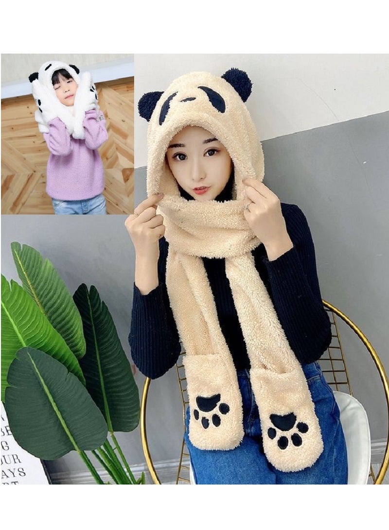 3 In 1 Multi-functional Women Hot Pink Fancy TWO Piece Cute Bear Winter Fur Hats Set With Scarf Mittens - Image 1