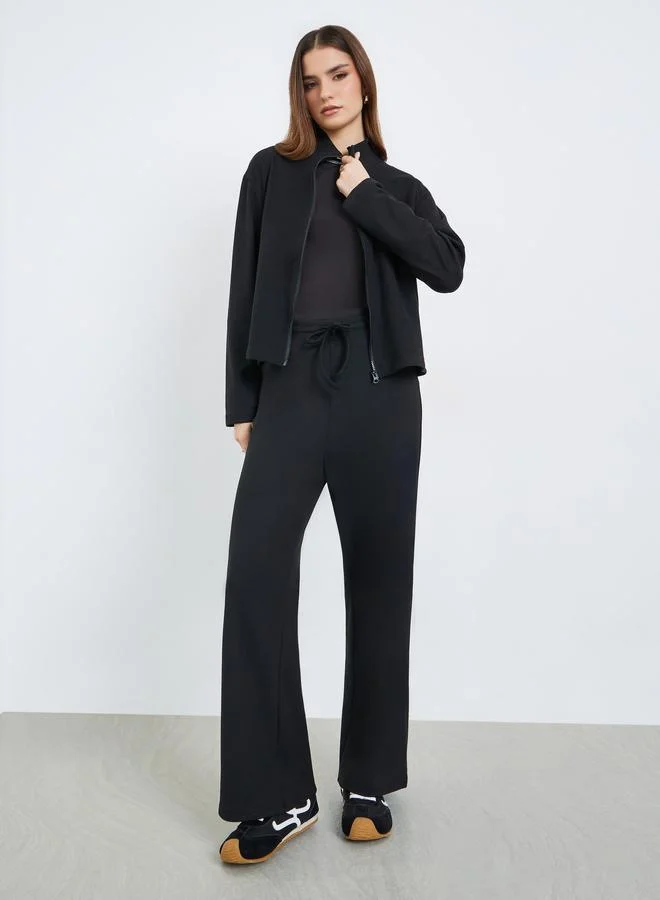 Styli  Women Black Zip-Up Knit Jacket and Pants Co-Ords for Women | Best Price UAE