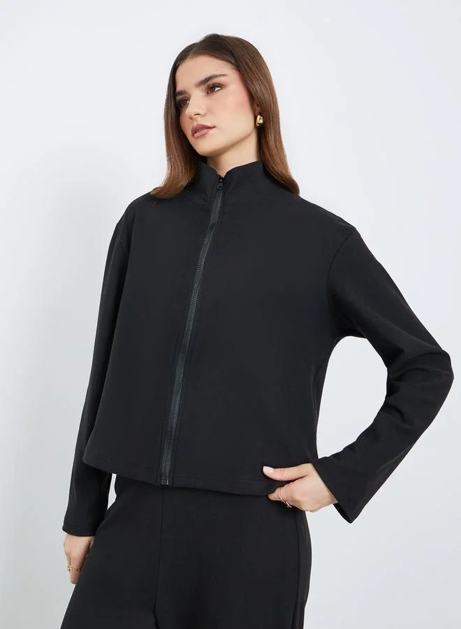 Styli Women Black Zip-Up Knit Jacket and Pants Co-Ords