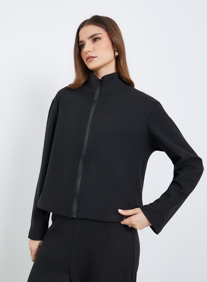 Styli Women Black Zip-Up Knit Jacket and Pants Co-Ords - Image 2