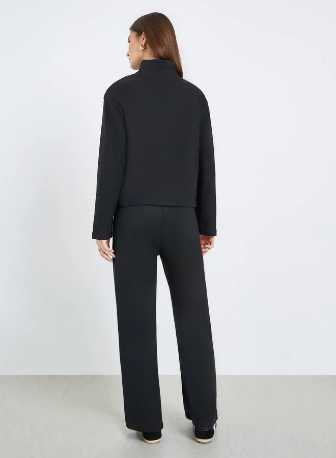 Styli  Women Black Zip-Up Knit Jacket and Pants Co-Ords for Women | Best Price UAE