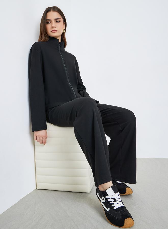 Styli Women Black Zip-Up Knit Jacket and Pants Co-Ords - Image 1