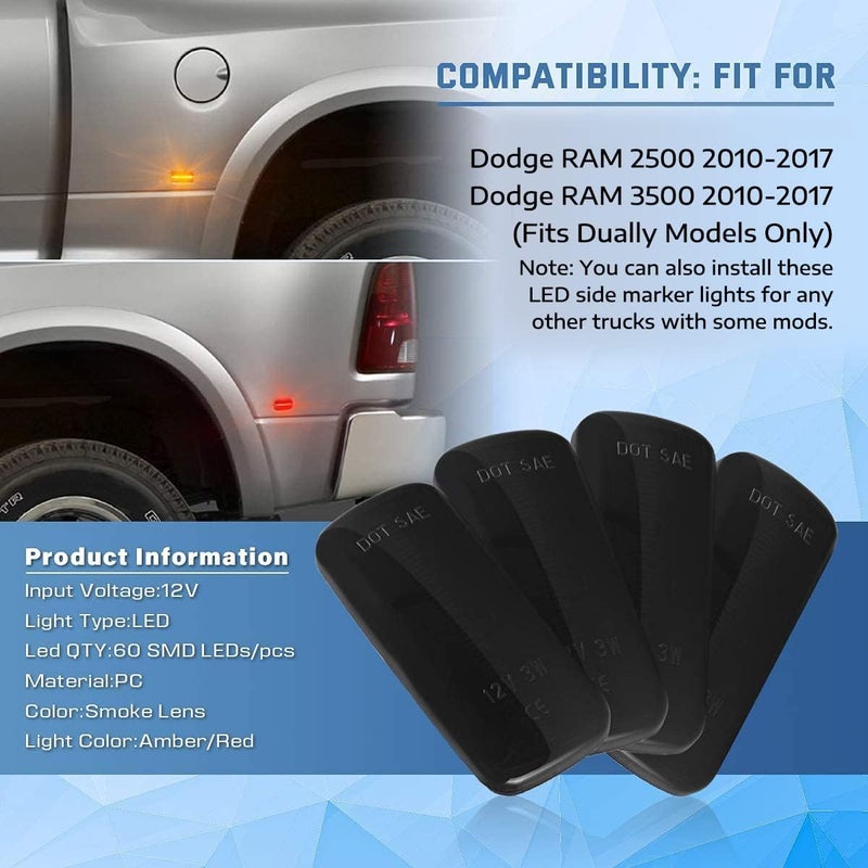 Gempro 4Pcs Front Rear Dual Fender Amber/Red LED Side Marker Lights Lamp Assembly Compatible with Dodge Ram 1500 2500 3500 (Smoke Lens) - Image 2