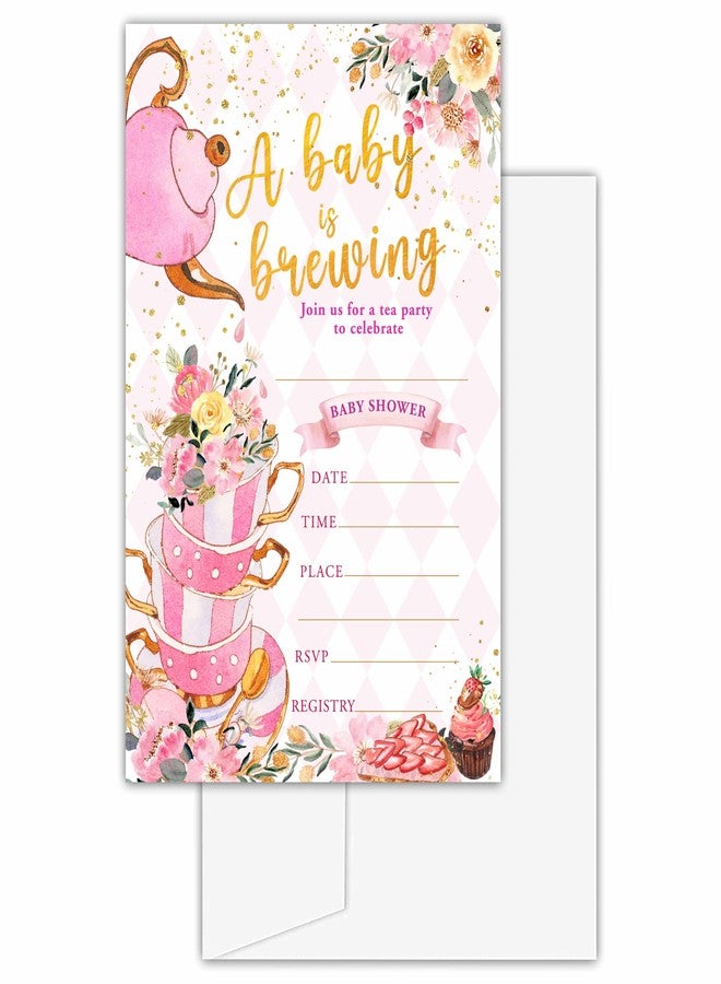 Gihyan Floral Tea Party Gender Reveal Invitations with Envelopes - A Baby is Brewing Baby Shower Fill-in Invites for Girls - Blush Pink Floral Gender Reveal Party Supplies Decorations -08 - Image 1