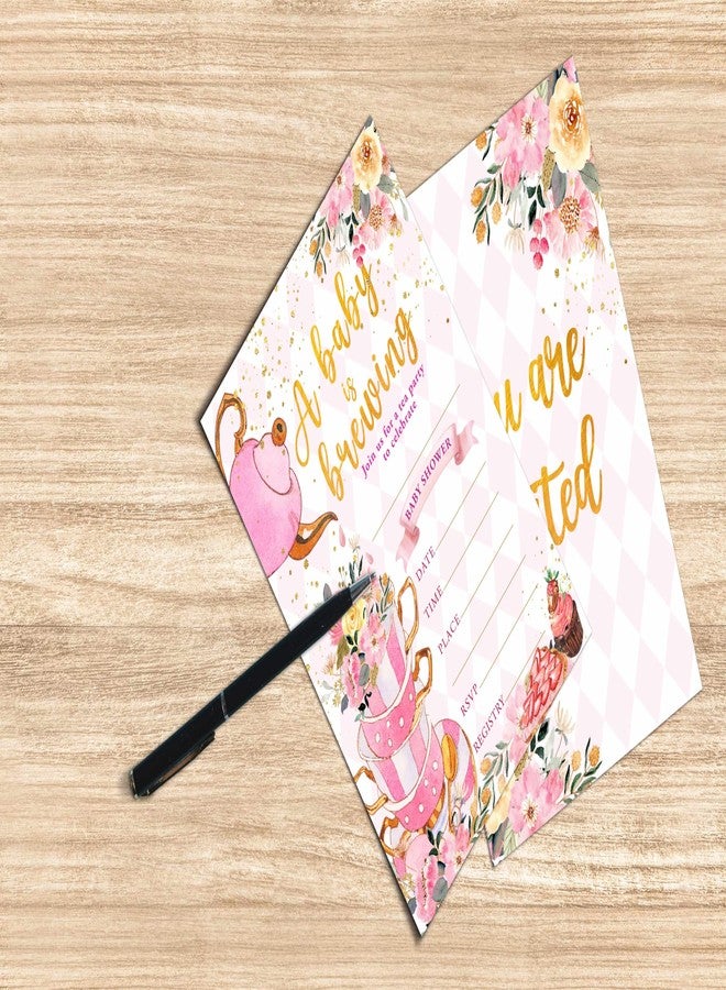 Gihyan Floral Tea Party Gender Reveal Invitations with Envelopes - A Baby is Brewing Baby Shower Fill-in Invites for Girls - Blush Pink Floral Gender Reveal Party Supplies Decorations -08 - Image 3