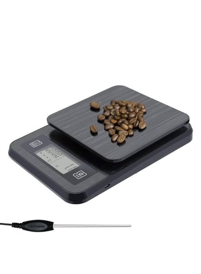 JZS X spring Coffee Scale with Timer, 3kg/0.1g LCD Backlight Display High Accuracy Digital Kitchen Food Scale with Meat Thermometer for Baking and Cooking (Black) - Image 2