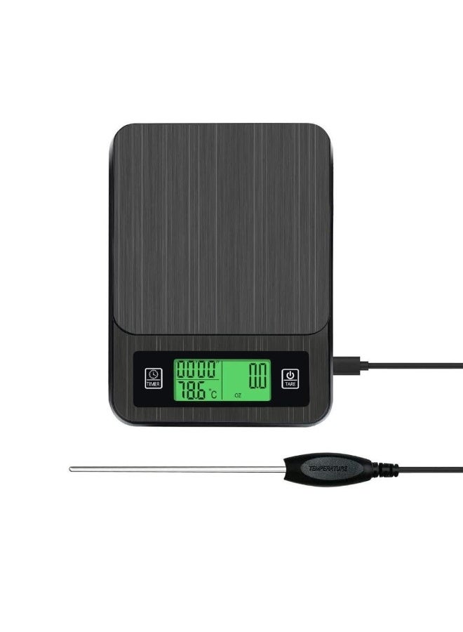 JZS X spring Coffee Scale with Timer, 3kg/0.1g LCD Backlight Display High Accuracy Digital Kitchen Food Scale with Meat Thermometer for Baking and Cooking (Black) - Image 1