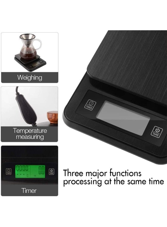 JZS X spring Coffee Scale with Timer, 3kg/0.1g LCD Backlight Display High Accuracy Digital Kitchen Food Scale with Meat Thermometer for Baking and Cooking (Black) - Image 3