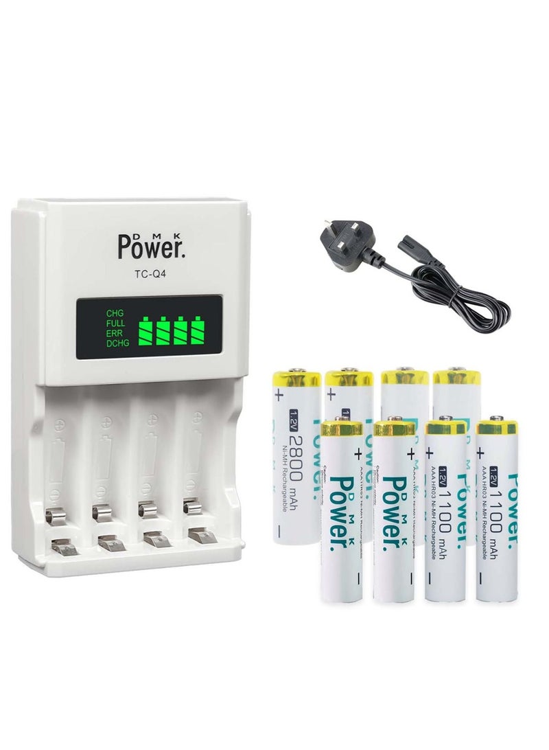 DMK Power 4pcs AA* 4pcs AAA Ni-MH High Capacity Rechargeable Batteries and TC-Q4 AAA AA 4Slot Independent Intelligent Quick LCD Charger for Ni-MH/Ni-CD Rechargeable Batteries with 3pin UK Plug Cable - Image 1