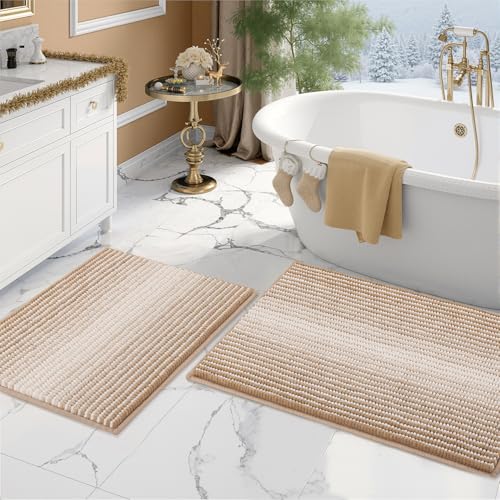 BSICPRO Bathroom Rugs and Mats Sets, 2 Piece Thick Absorbent Chenille Bath Mat Rug Set Non Slip, Soft Shaggy Bath Room Floor Mats for Bathroom, Machine Washable (20" x 32" Plus 16" x 24", Beige) - Image 1