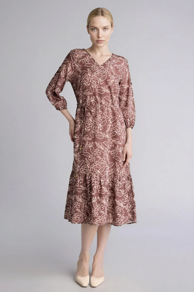 ديفاكتو Regular Fit V-Neck Printed Low Shoulder Dress