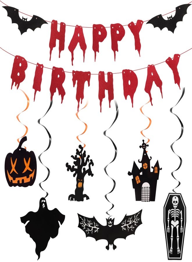فاسوتي مجموعة زينة حفلات أعياد الميلاد للهالوين من FASOTY، تتضمن لافتة عيد ميلاد سعيد حمراء لامعة وزينة حلزونية معلقة لمستلزمات زينة حفلات الهالوين - Image 1