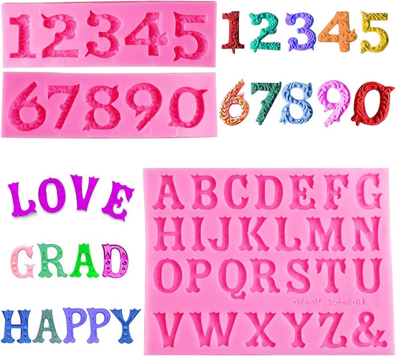 AIMEIKI Silicone Fondant Molds, 3 Pack 3D Silicone Number 0-9 Alphabet A-Z Embossed Fondant Chocolate Baking Molds for Decorating Birthday Cake Candy Chocolate DIY Craft Projects - Image 1