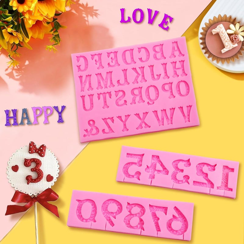 AIMEIKI Silicone Fondant Molds, 3 Pack 3D Silicone Number 0-9 Alphabet A-Z Embossed Fondant Chocolate Baking Molds for Decorating Birthday Cake Candy Chocolate DIY Craft Projects - Image 3