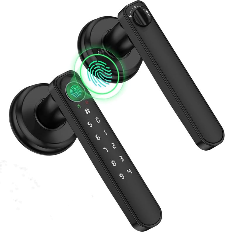 HEI LIANG Fingerprint Smart Door Lever,Keyless Entry Door Handle with App Control&Auto Lock,Minimalist Digital Lock with Hidden Keyhole for Bedroom,Home Office or Airbnb Hosts,Black - Image 1