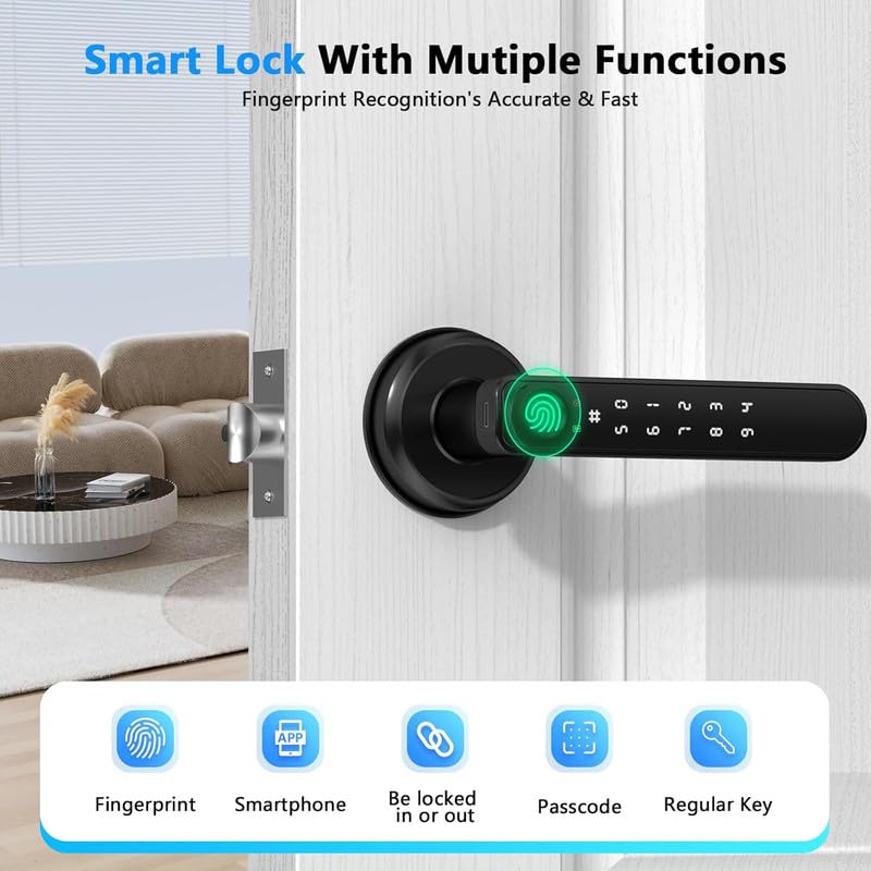 HEI LIANG Fingerprint Smart Door Lever,Keyless Entry Door Handle with App Control&Auto Lock,Minimalist Digital Lock with Hidden Keyhole for Bedroom,Home Office or Airbnb Hosts,Black - Image 2