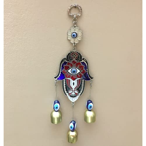 GJ Hand Evil Eye Nazar Battu with 3 Bells Hanging for Home Car and Office, Multicolor - Image 3