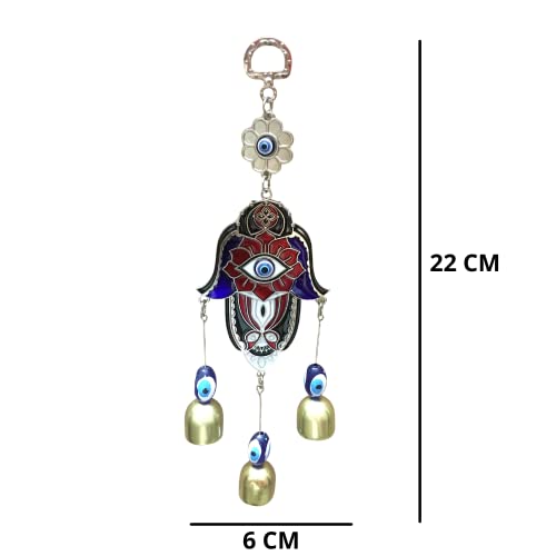 GJ Hand Evil Eye Nazar Battu with 3 Bells Hanging for Home Car and Office, Multicolor - Image 2
