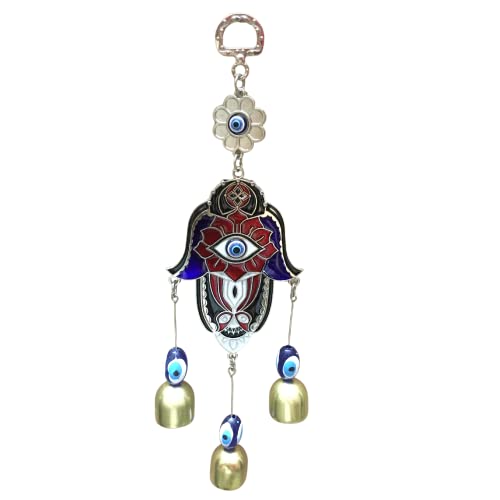 GJ Hand Evil Eye Nazar Battu with 3 Bells Hanging for Home Car and Office, Multicolor - Image 1