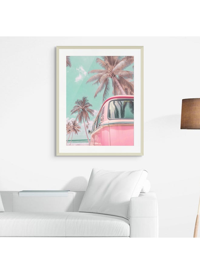 Art Decor - Art Decor Framed Fine Art Pink Vintage Van Portrait Beach with Palm Trees Pastel Aesthetic Coastal Print with Matt Board Wall Décor for Living Room Bedroom Home Office Hotel Gifting - Image 1