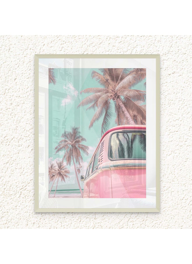 Art Decor - Art Decor Framed Fine Art Pink Vintage Van Portrait Beach with Palm Trees Pastel Aesthetic Coastal Print with Matt Board Wall Décor for Living Room Bedroom Home Office Hotel Gifting - Image 1
