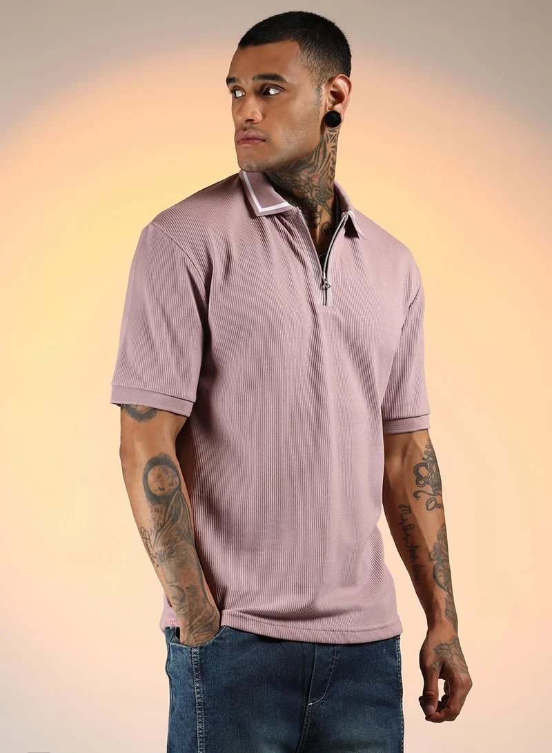 Campus Sutra Men's Blush Pink Micro-Waffle Polo T-Shirt