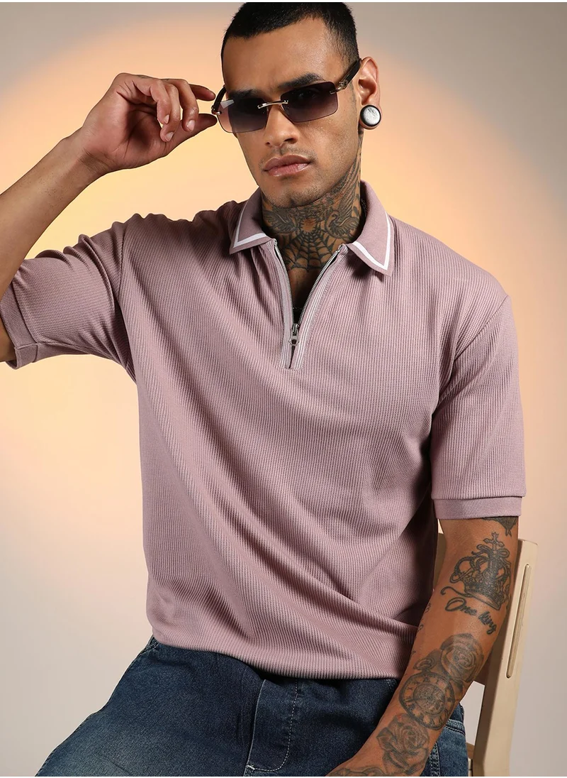 Campus Sutra Men's Blush Pink Micro-Waffle Polo T-Shirt