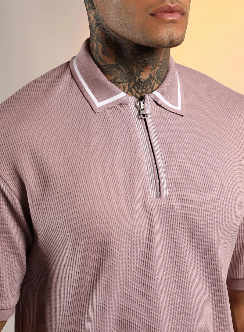 Campus Sutra Men's Blush Pink Micro-Waffle Polo T-Shirt