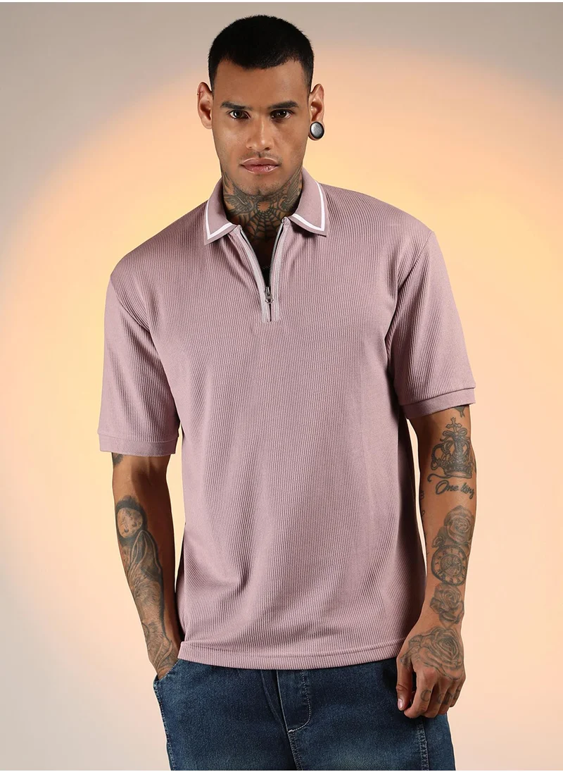 Campus Sutra Men's Blush Pink Micro-Waffle Polo T-Shirt