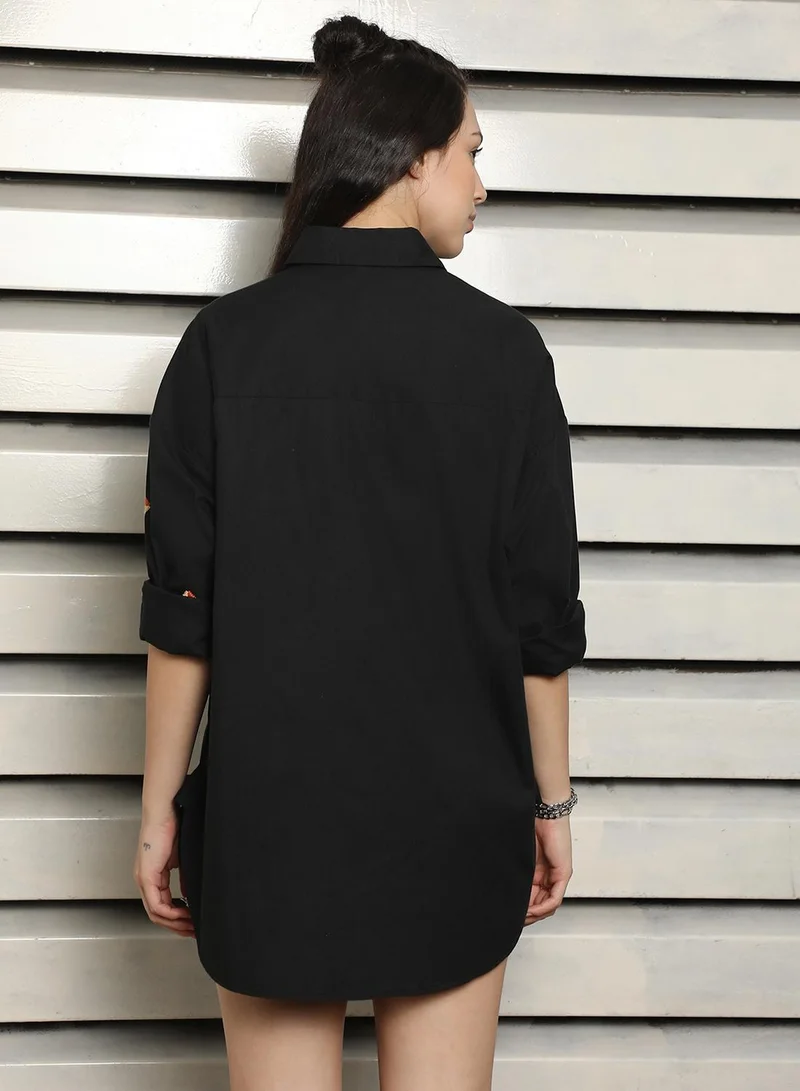 HIGH STAR Women's Black 100% Cotton Embroidered Button Down Oversized Shirt