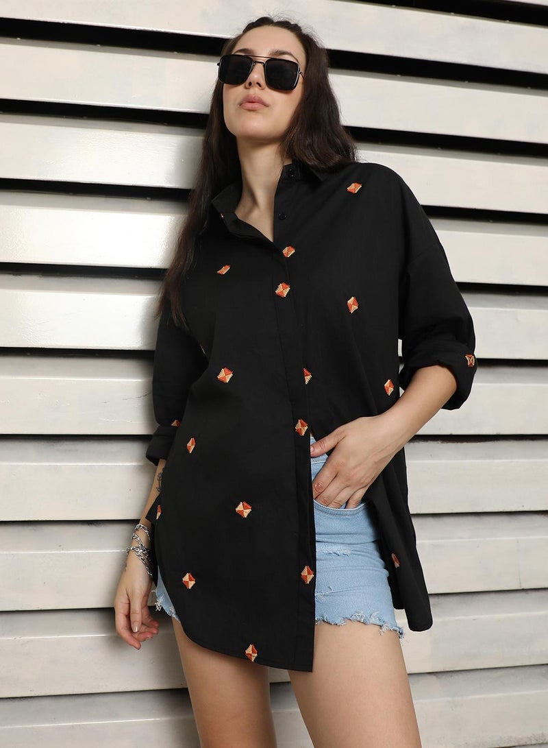 HIGH STAR Women's Black 100% Cotton Embroidered Button Down Oversized Shirt - Image 1