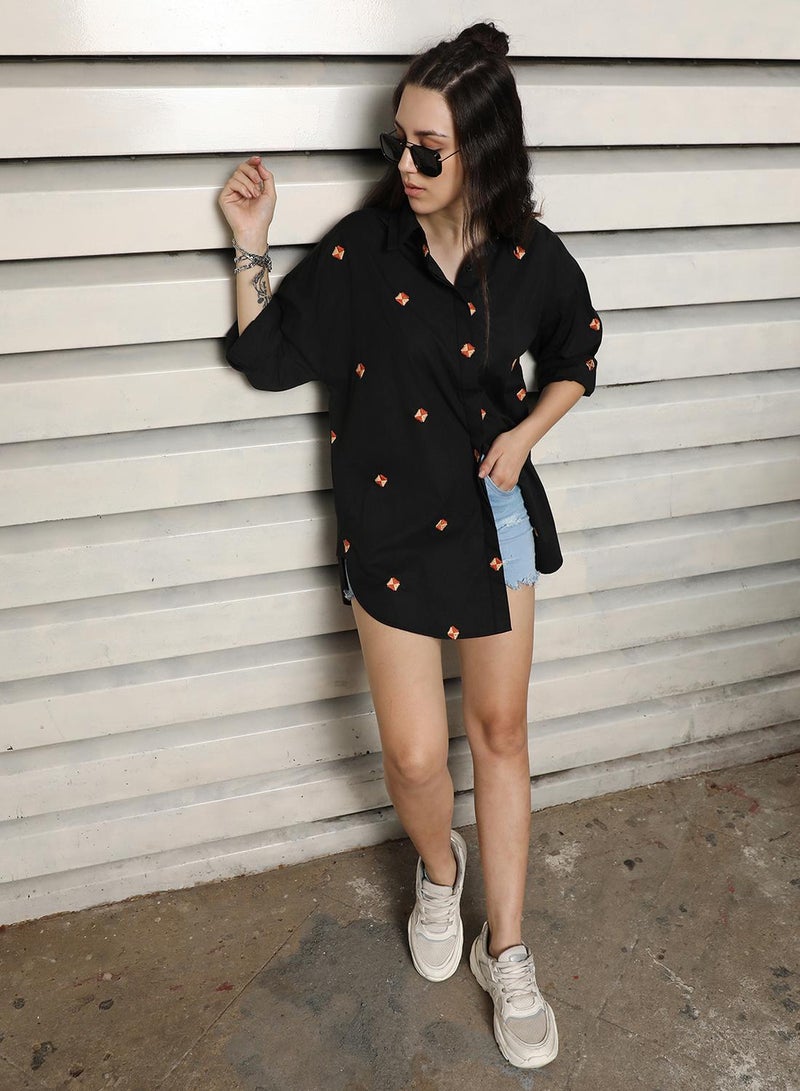HIGH STAR Women's Black 100% Cotton Embroidered Button Down Oversized Shirt - Image 2