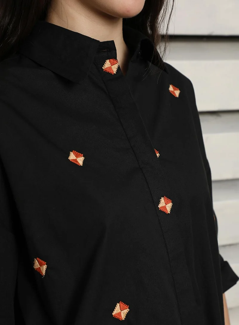 HIGH STAR Women's Black 100% Cotton Embroidered Button Down Oversized Shirt